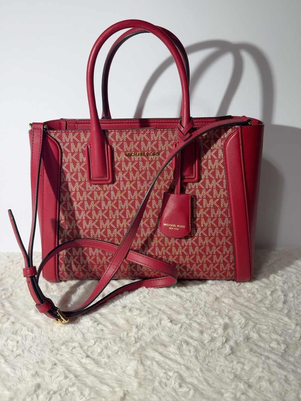 Michael Kors Red Logo-Print Satchel with Leather Trim